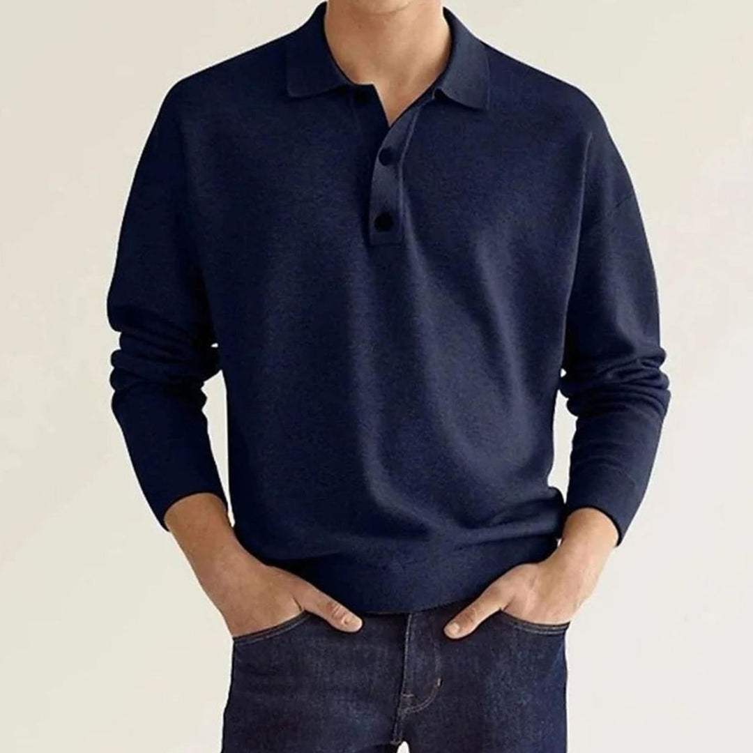 Herren Langarm-Poloshirt mit klassischem Polokragen entspannter Passform - Marineblau