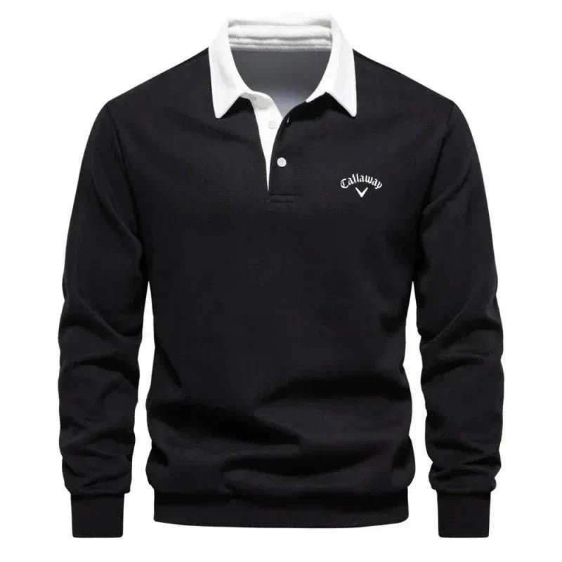 Herren Langarm-Poloshirt mit Kontrastkragen und Rippbündchen - Black