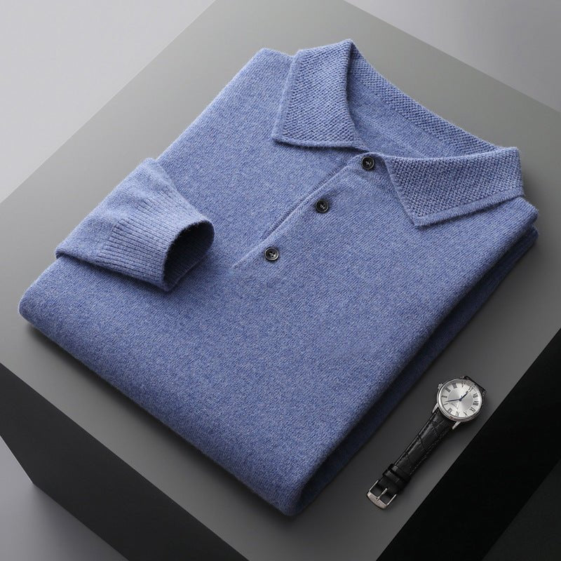 Herren Langarm-Poloshirt Regular Fit gestrickt mit Umlegekragen - Blue