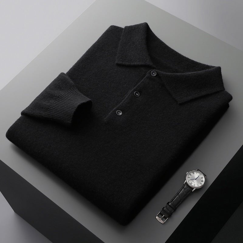 Herren Langarm-Poloshirt Regular Fit gestrickt mit Umlegekragen - Black