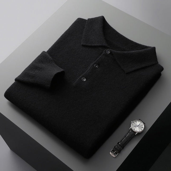 Herren Langarm-Poloshirt Regular Fit gestrickt mit Umlegekragen - Black