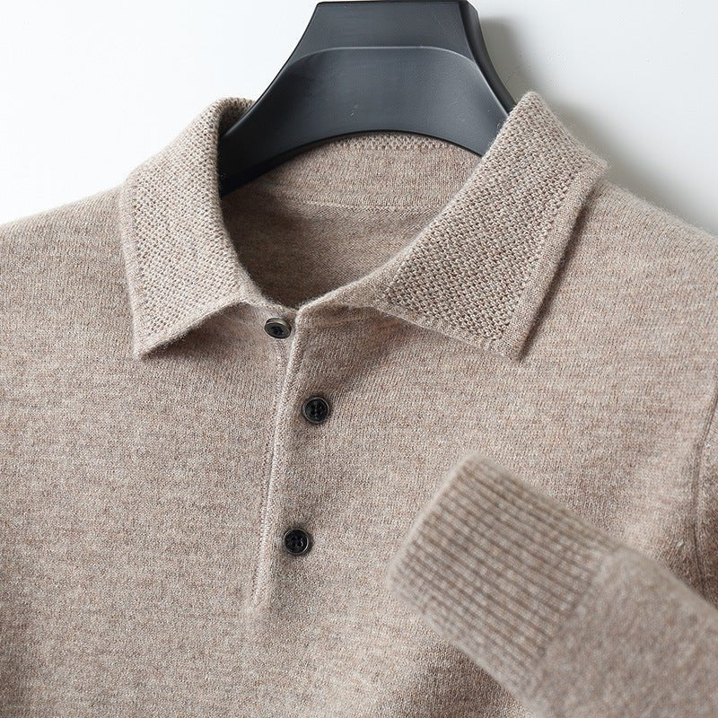 Herren Langarm-Poloshirt Regular Fit gestrickt mit Umlegekragen - Khaki