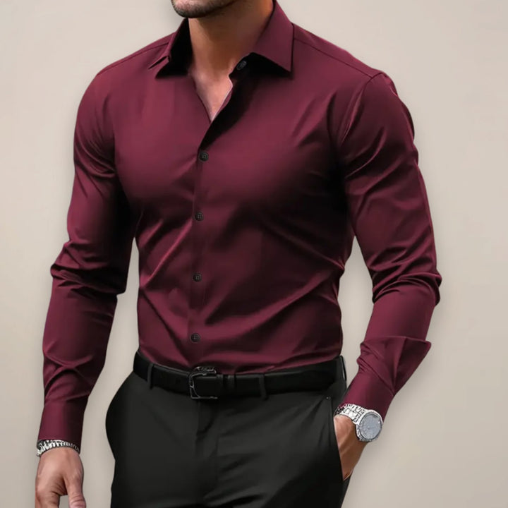 Herren Langarm Slim Fit Hemd klassischer Kentkragen knopfleiste - Weinrot