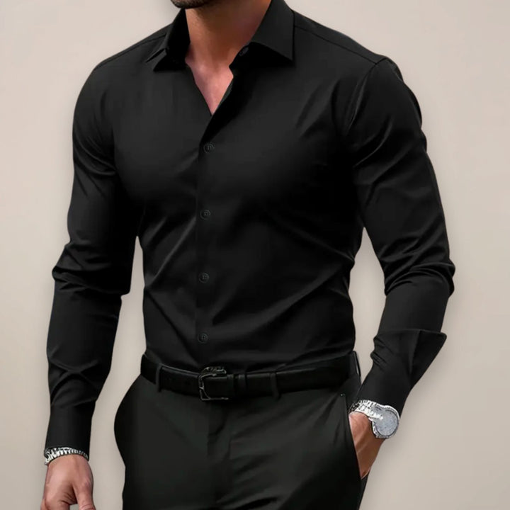 Herren Langarm Slim Fit Hemd klassischer Kentkragen knopfleiste - Schwarz