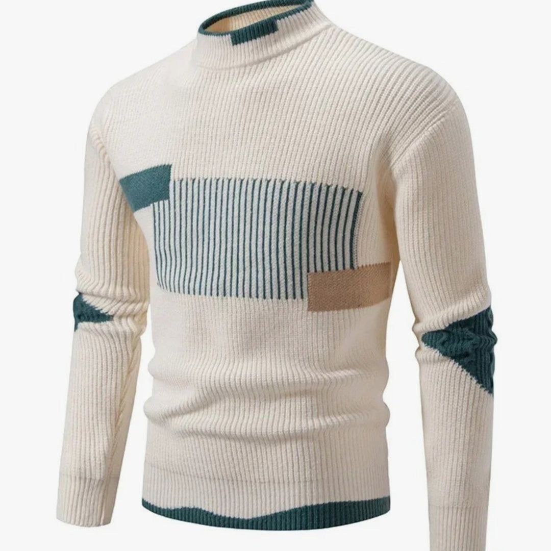 Herren Langarm-Strickpullover mit Geometrischem Muster Halbkragen - Geometrisch Beige