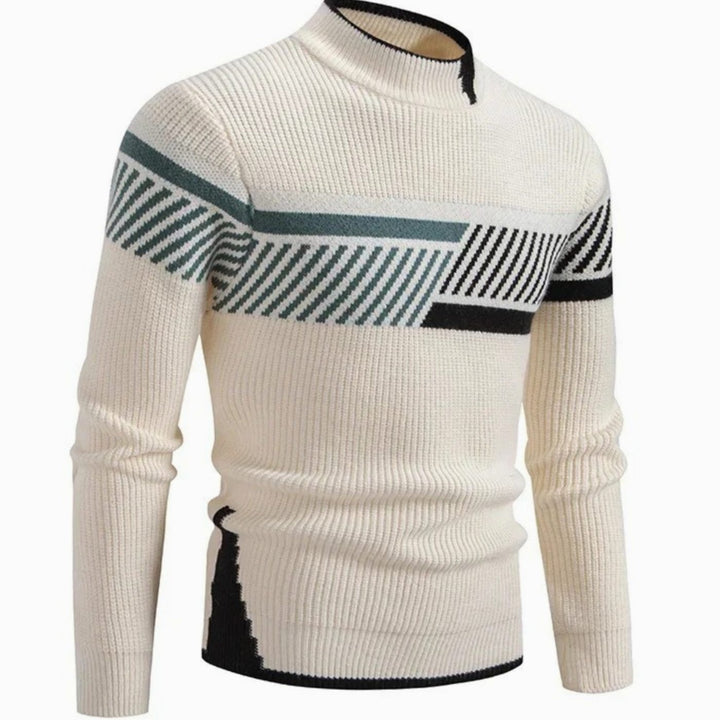 Herren Langarm-Strickpullover mit Geometrischem Muster Halbkragen - Beigestreifen