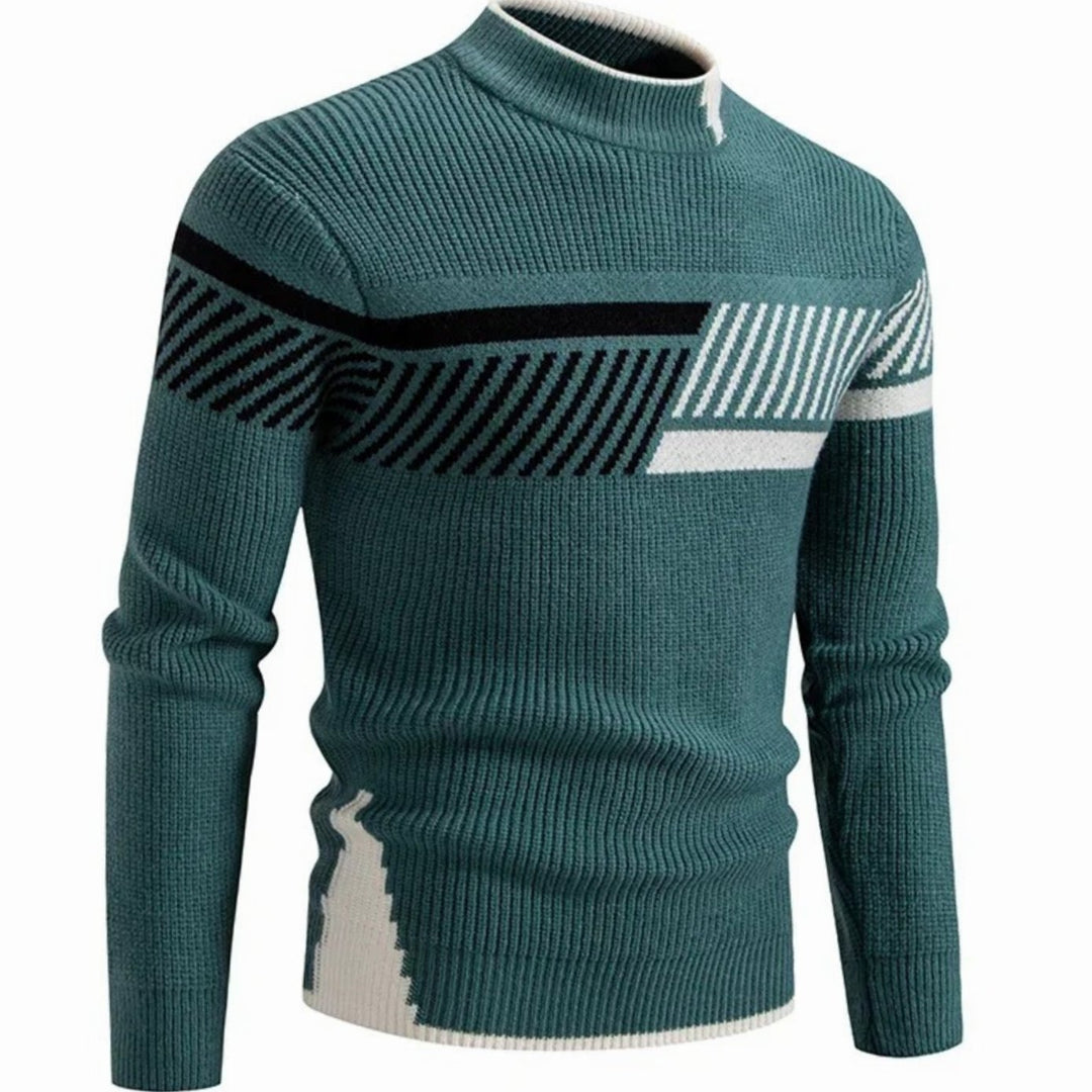 Herren Langarm-Strickpullover mit Geometrischem Muster Halbkragen - Grüner Streifen