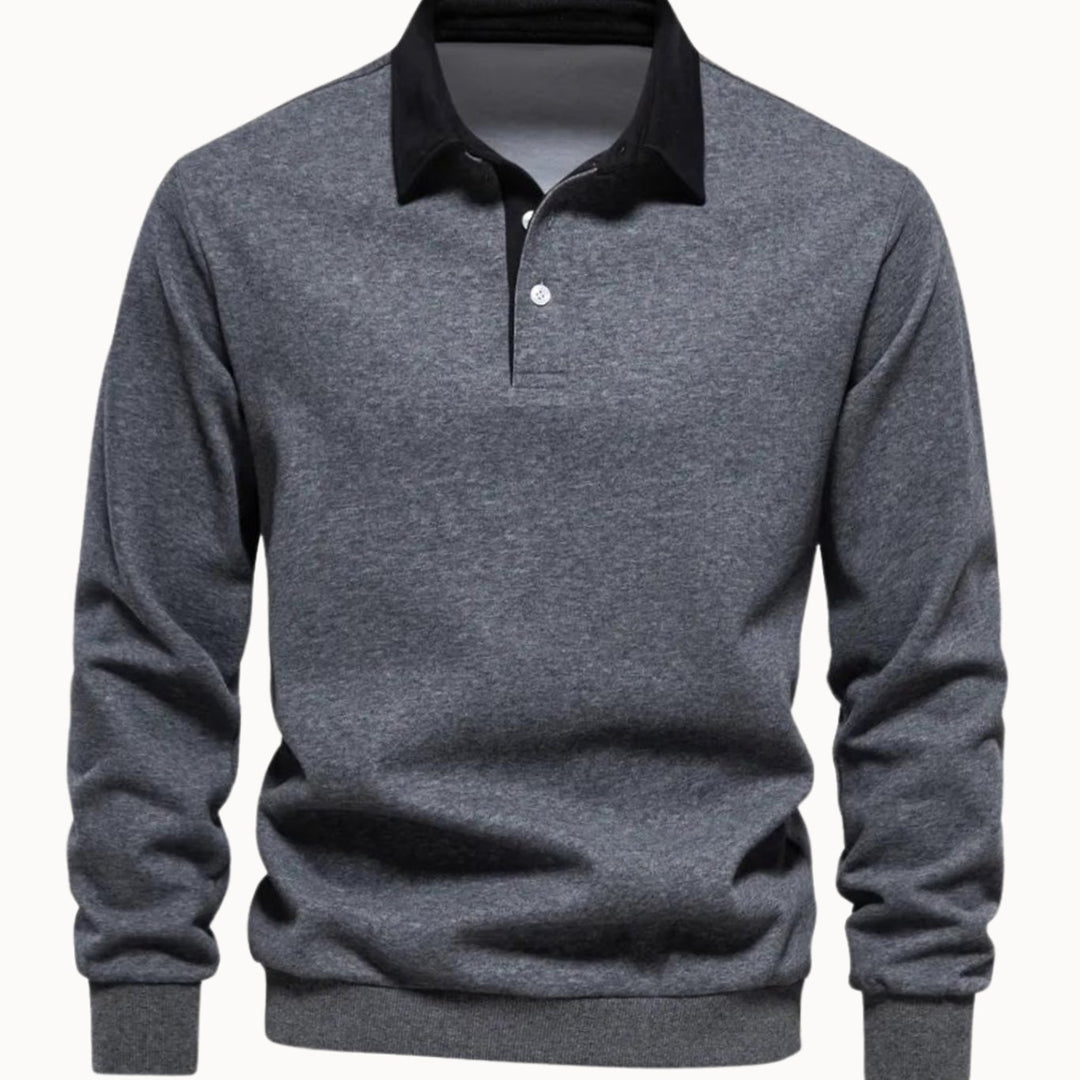 Herren Langarm-Sweatshirt mit Polokragen Kontrastkragen Knopfleiste - Grau