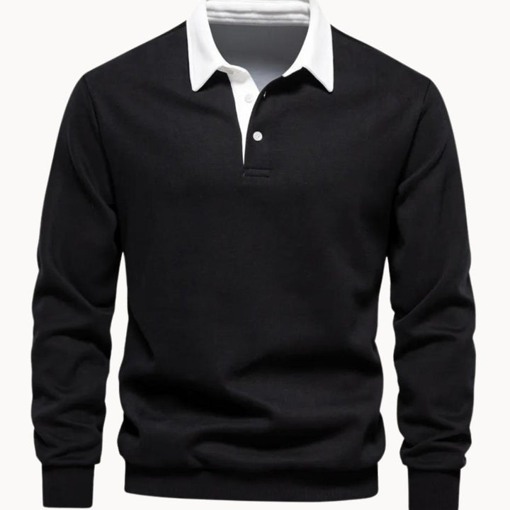Herren Langarm-Sweatshirt mit Polokragen Kontrastkragen Knopfleiste - Schwarz