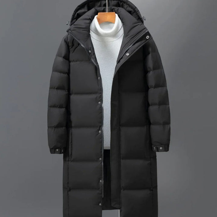 Herren Langer Gesteppter Wintermantel mit Kapuze, White - Schwarz