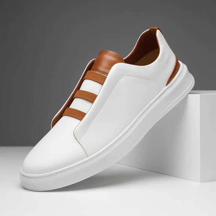 Herren Leder Sneaker Slip-On Elastische Schlaufen - White