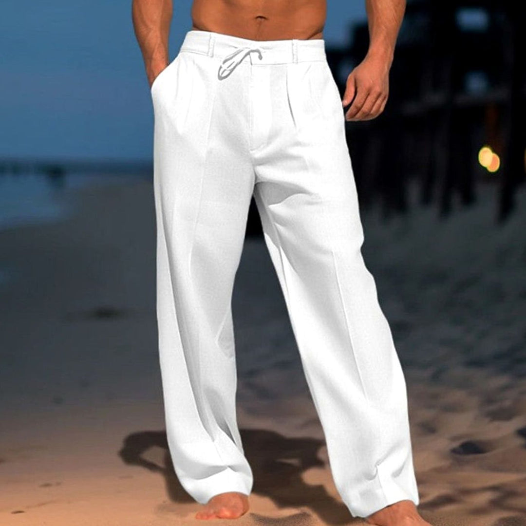 Herren Lockere Leinenhose mit Kordelzug Zugband Freizeithose - Weiß