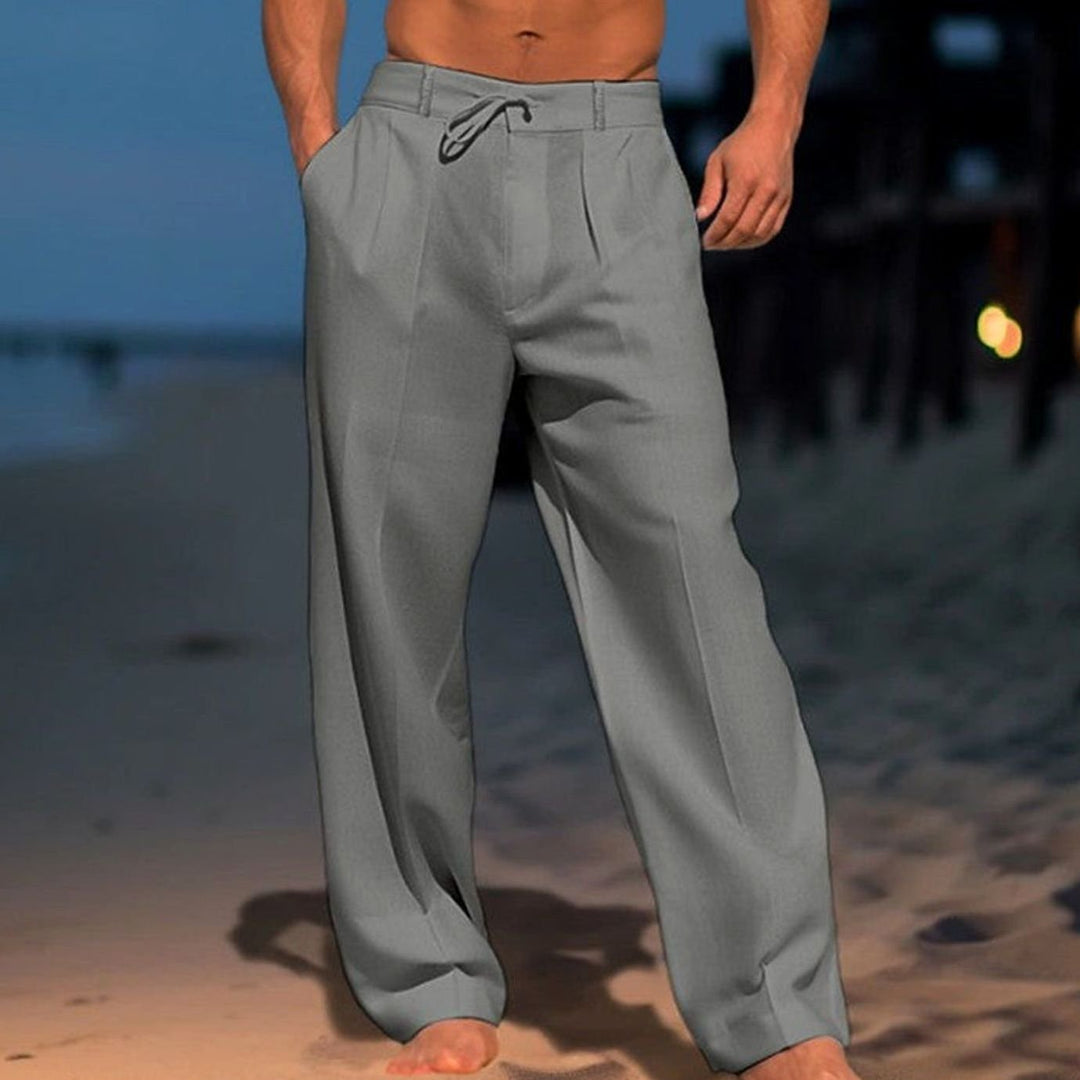 Herren Lockere Leinenhose mit Kordelzug Zugband Freizeithose - Dunkelgrau