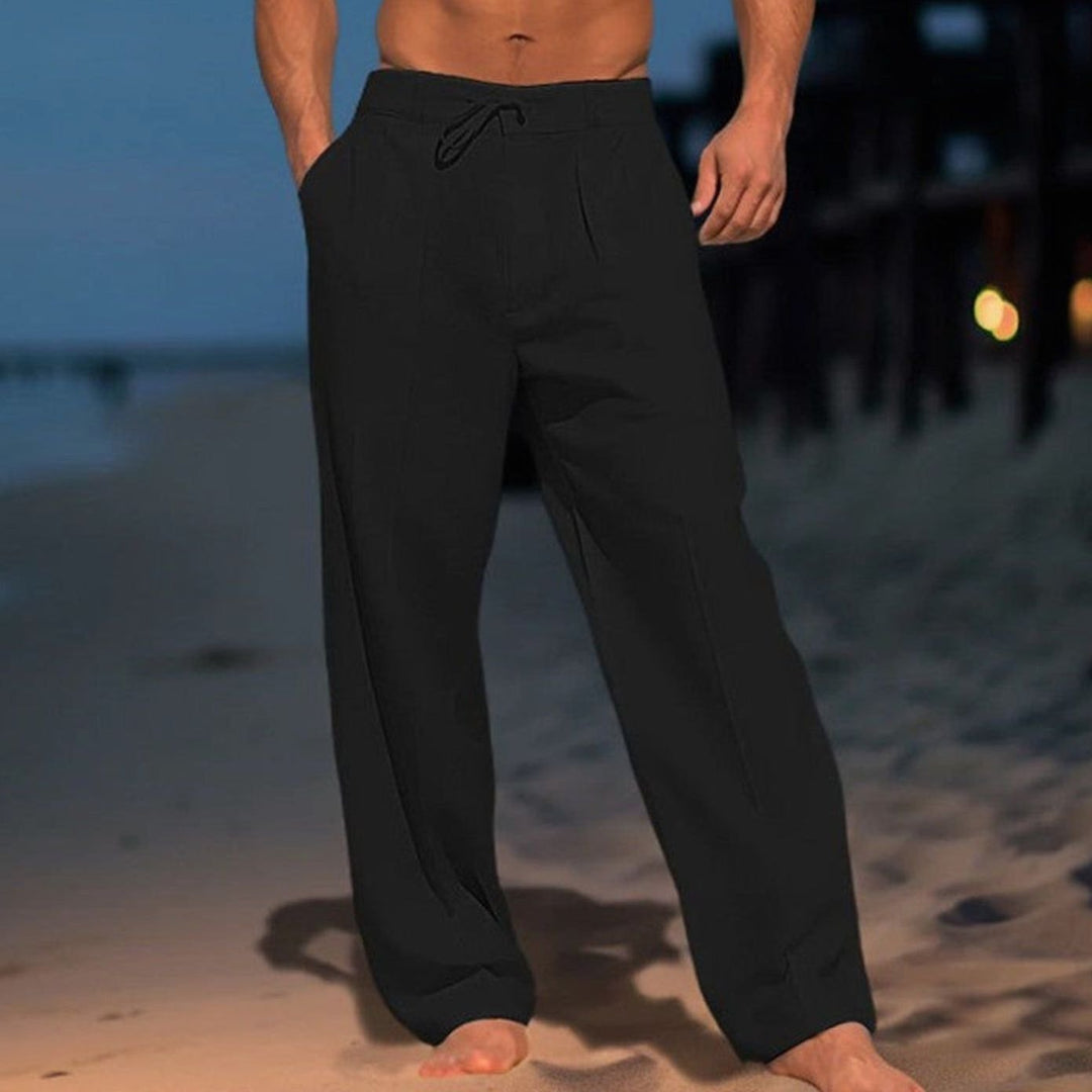Herren Lockere Leinenhose mit Kordelzug Zugband Freizeithose - Schwarz