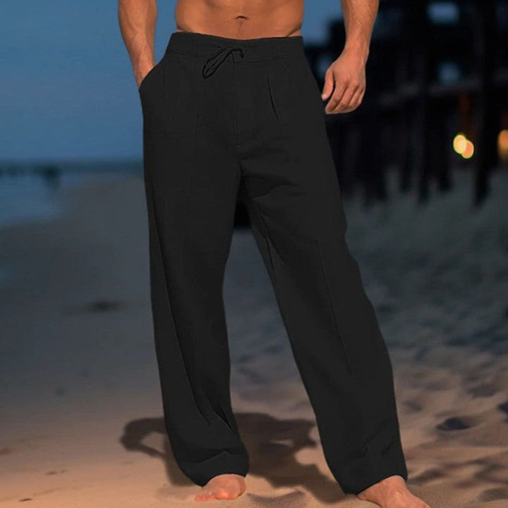 Herren Lockere Leinenhose mit Kordelzug Zugband Freizeithose - Schwarz