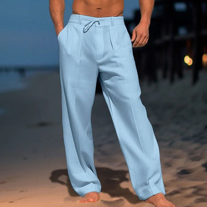 Herren Lockere Leinenhose mit Kordelzug Zugband Freizeithose - Hellblau