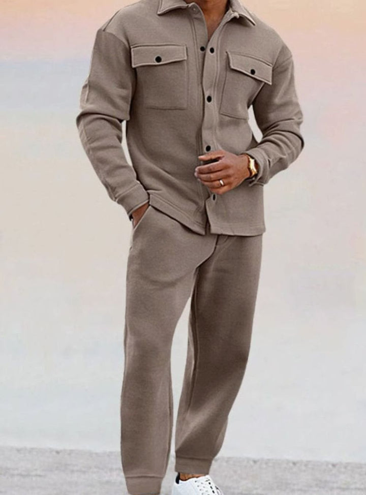 Herren Lässiges Knopfhemd zweiteiliges Outfit-Set Jogginghose - Khaki