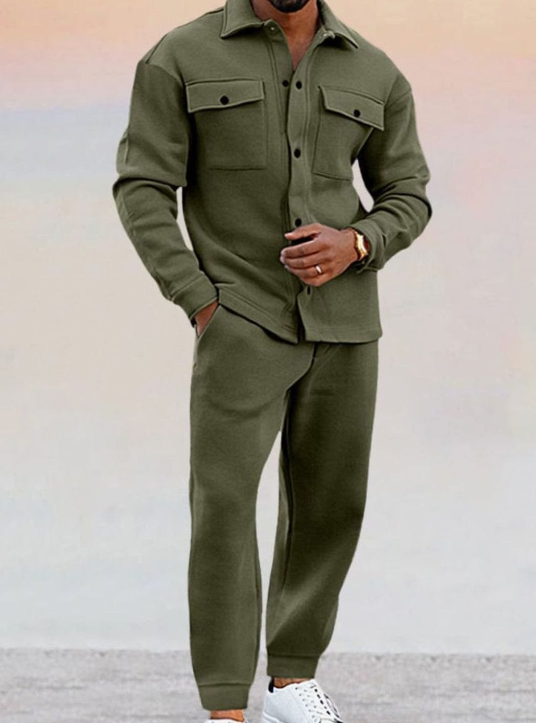 Herren Lässiges Knopfhemd zweiteiliges Outfit-Set Jogginghose - Armeegrün
