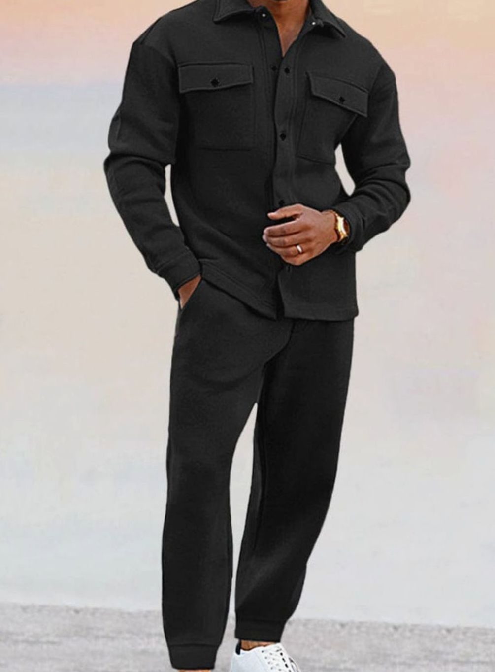 Herren Lässiges Knopfhemd zweiteiliges Outfit-Set Jogginghose - Schwarz