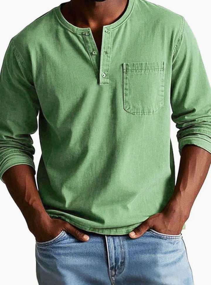 Herren Lässiges Langarm-Henleyshirt Lockere Passform Brusttasche - Grün