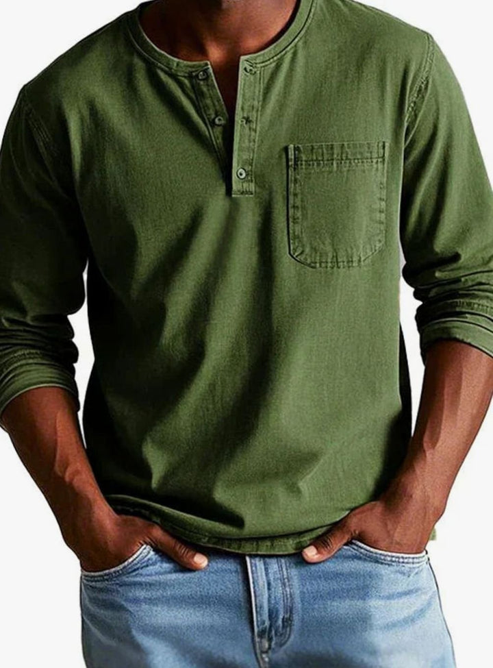 Herren Lässiges Langarm-Henleyshirt Lockere Passform Brusttasche - Armeegrün