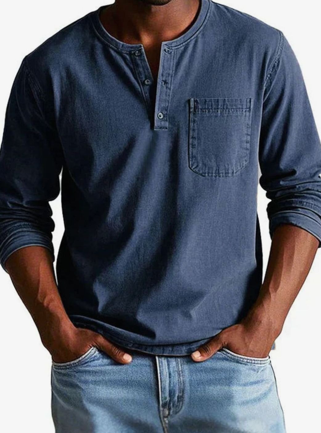 Herren Lässiges Langarm-Henleyshirt Lockere Passform Brusttasche - Marineblau