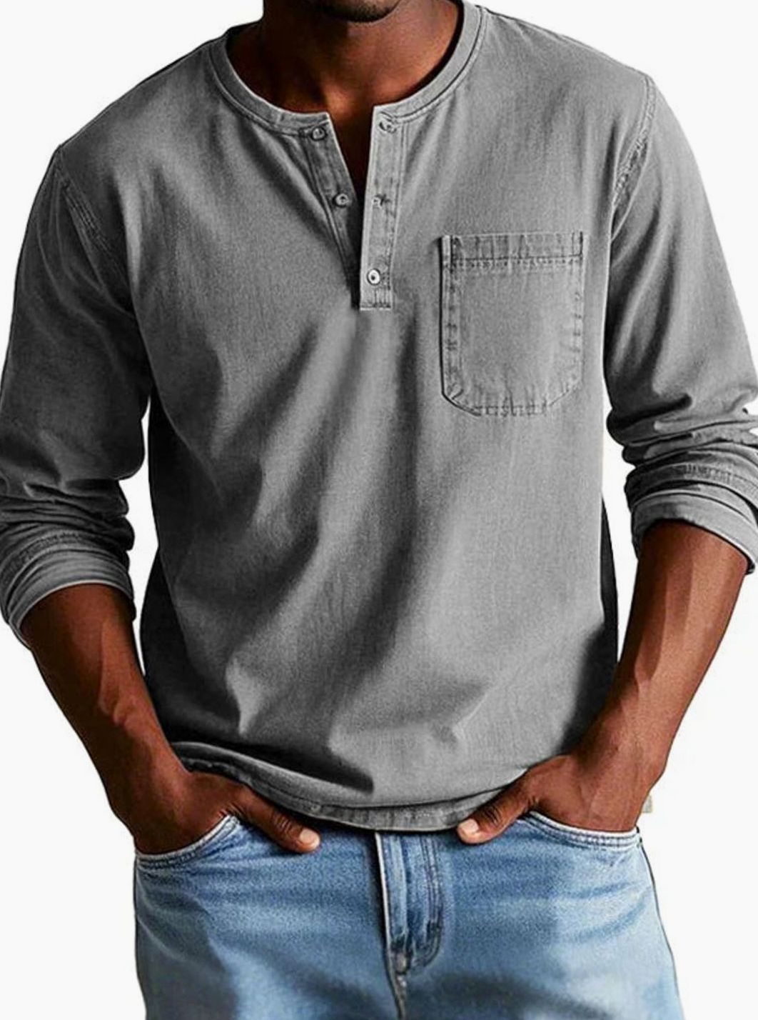 Herren Lässiges Langarm-Henleyshirt Lockere Passform Brusttasche - Grau