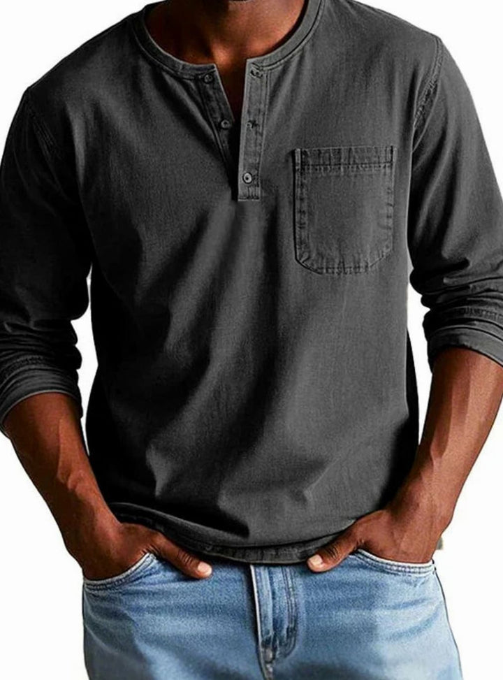 Herren Lässiges Langarm-Henleyshirt Lockere Passform Brusttasche - Schwarz