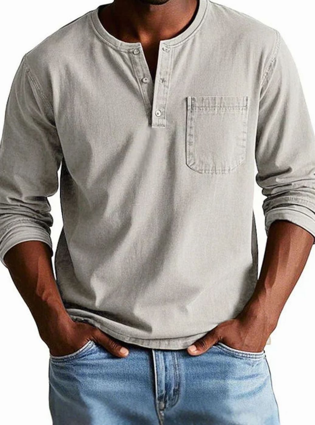 Herren Lässiges Langarm-Henleyshirt Lockere Passform Brusttasche - Beige