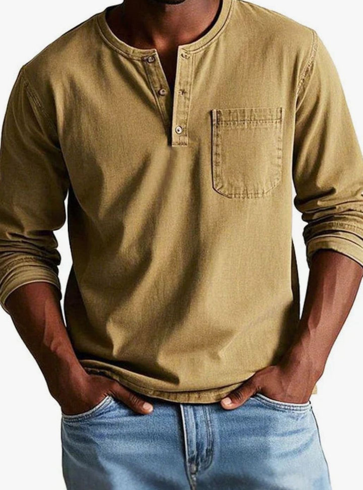 Herren Lässiges Langarm-Henleyshirt Lockere Passform Brusttasche - Khaki