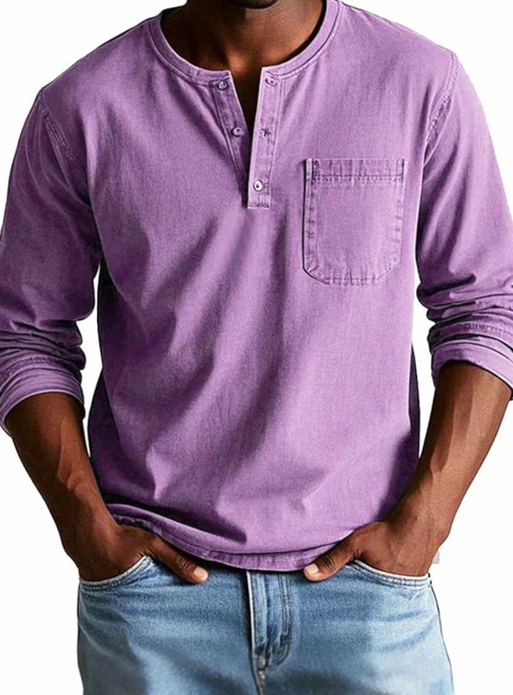Herren Lässiges Langarm-Henleyshirt Lockere Passform Brusttasche - Lila