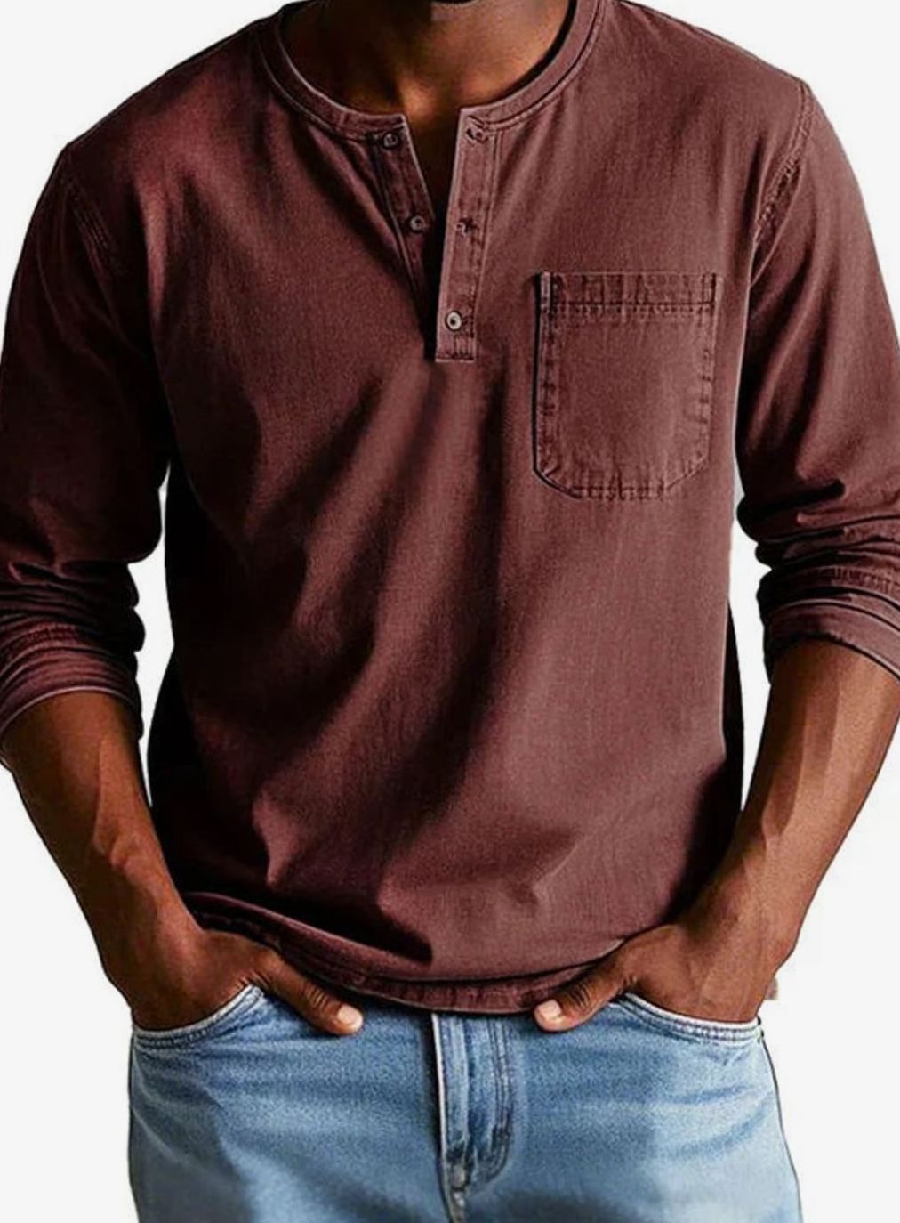 Herren Lässiges Langarm-Henleyshirt Lockere Passform Brusttasche - Rot