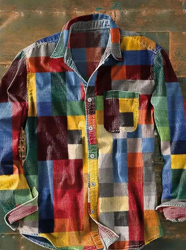 Herren Lässiges Langarmhemd mit Patchwork-Design Buntem Karomuster - Bunt