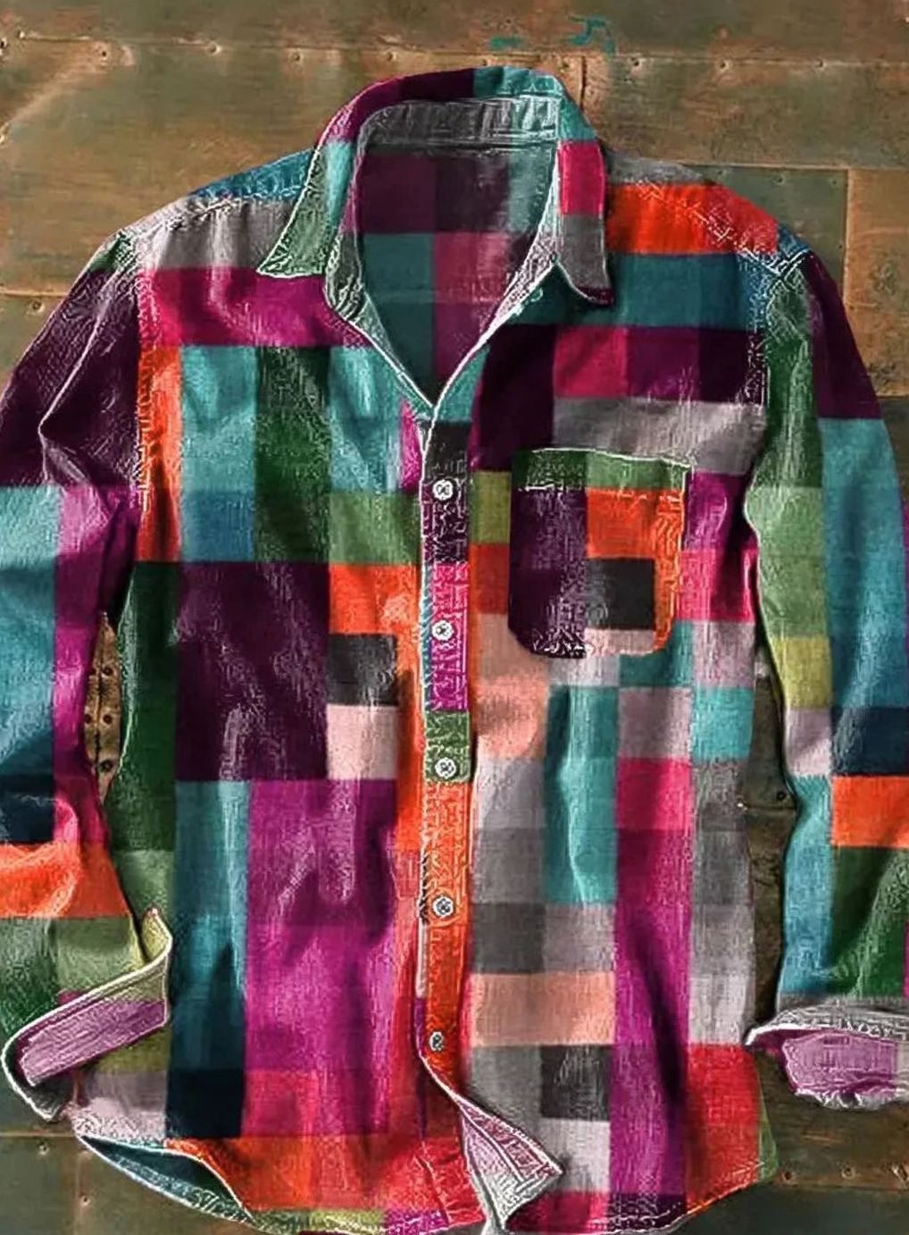 Herren Lässiges Langarmhemd mit Patchwork-Design Buntem Karomuster - Rosa