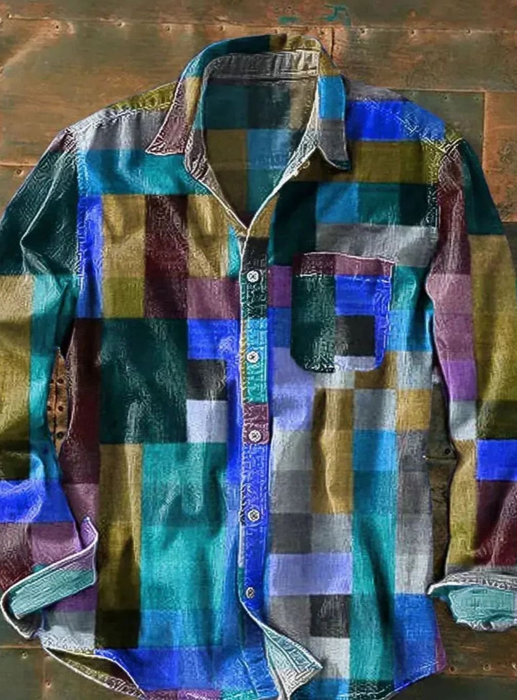 Herren Lässiges Langarmhemd mit Patchwork-Design Buntem Karomuster - Blau