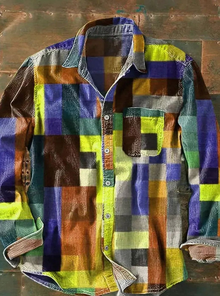 Herren Lässiges Langarmhemd mit Patchwork-Design Buntem Karomuster - Gelb