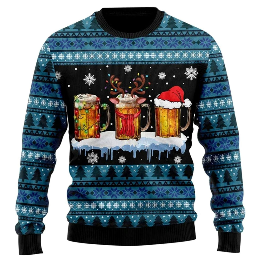 Herren Lustiger Bier-Weihnachtspullover Rundhals Ugly Sweater - Blau