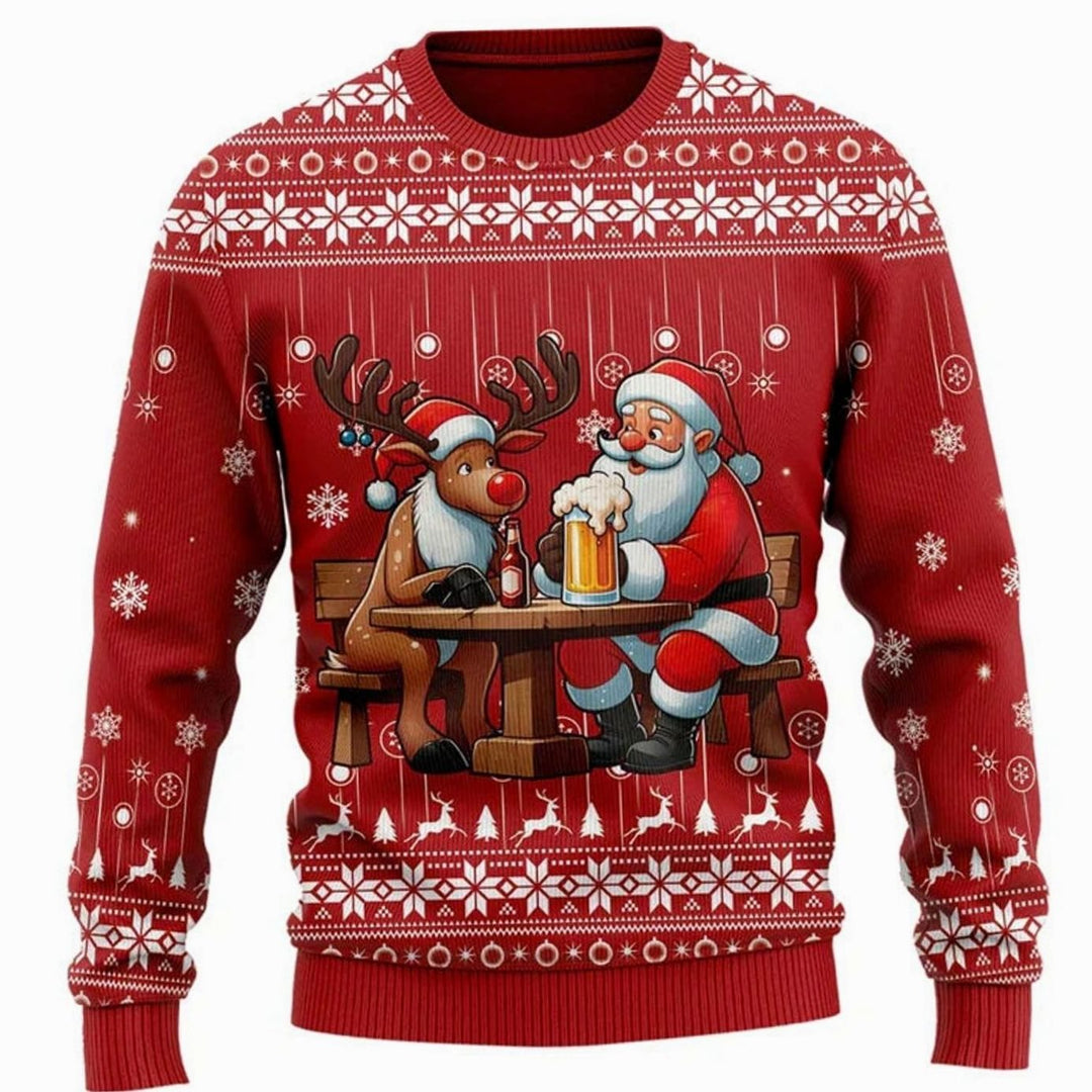 Herren Lustiger Bier-Weihnachtspullover Rundhals Ugly Sweater - Rot / Rentiere und Weihnachtsmann Druck