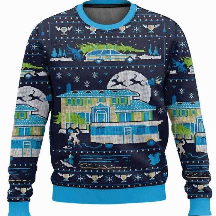 Herren Lustiger Ski-Themen-Weihnachtspullover Rundhals Ugly Sweater - Dunkelblau
