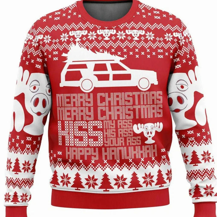 Herren Lustiger Ski-Themen-Weihnachtspullover Rundhals Ugly Sweater - Rot / Weiß
