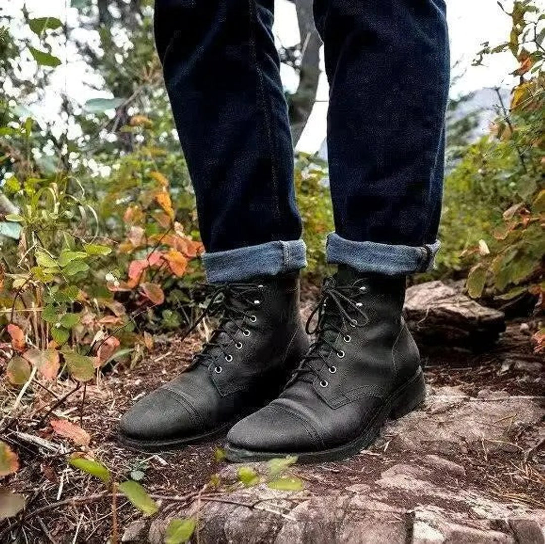 Herren Mens Boots Klassische Schnürstiefel aus robustem PU-Leder - Schwarz