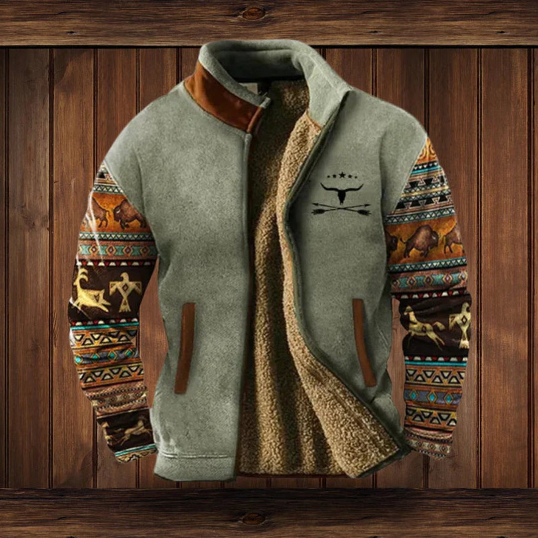 Herren Mens Cardigan Fleece Reißverschluss Western Azteken Strickjacke - Grau mit Aufdruck