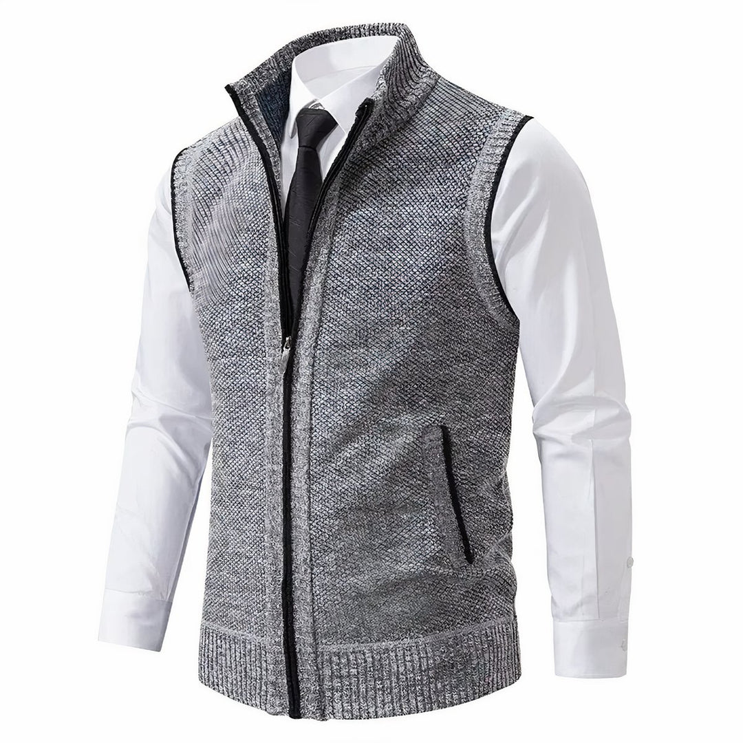 Herren Mens Cardigan Strick-Weste Reißverschluss Stehkragen - Hellgrau
