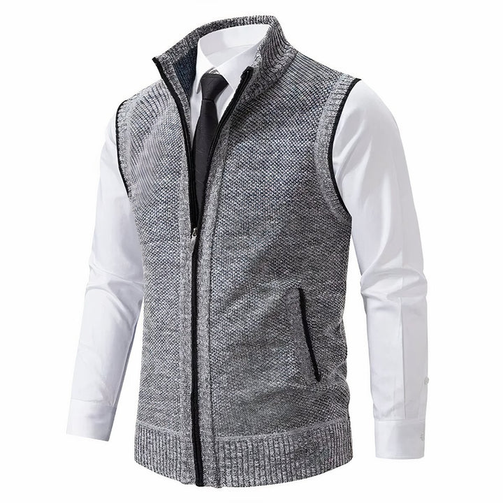 Herren Mens Cardigan Strick-Weste Reißverschluss Stehkragen - Hellgrau