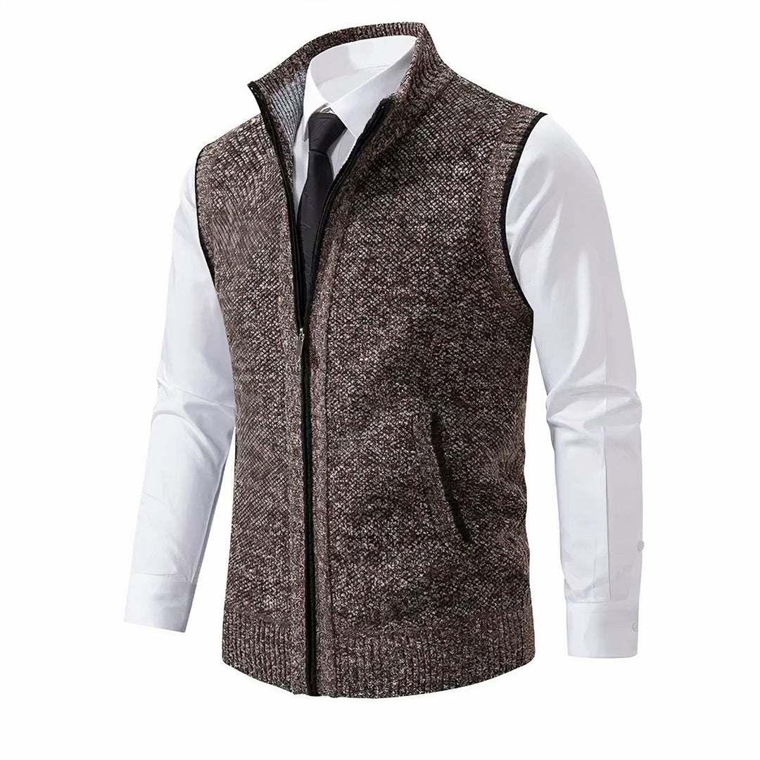 Herren Mens Cardigan Strick-Weste Reißverschluss Stehkragen - Braun