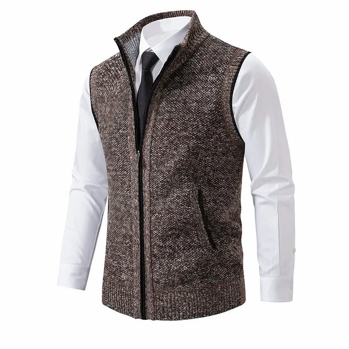 Herren Mens Cardigan Strick-Weste Reißverschluss Stehkragen - Braun