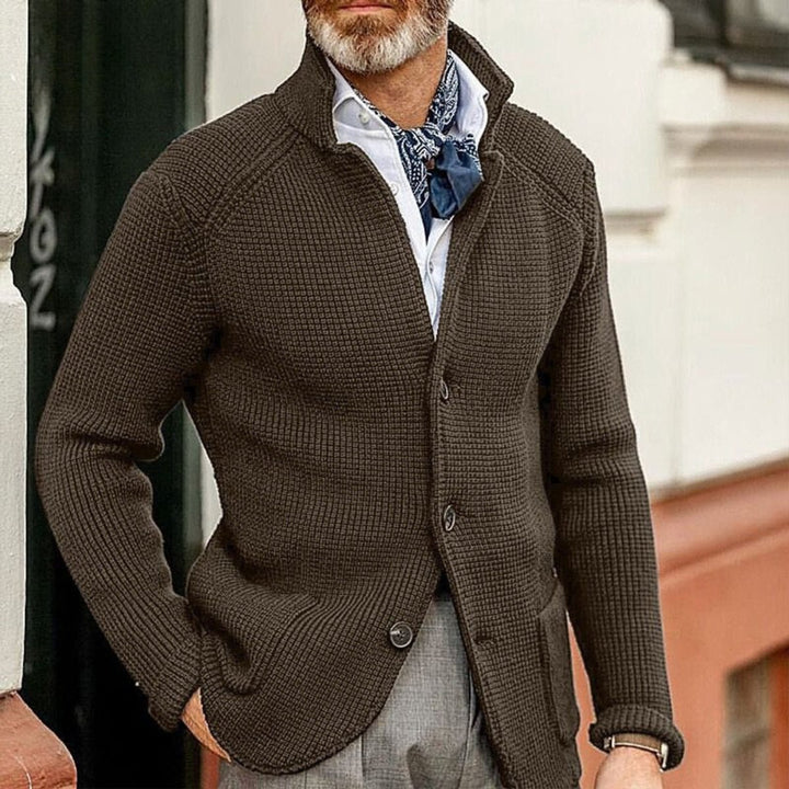 Herren Mens Cardigan Strickjacke mit Knopfleiste Waffelstrick - Kaffee
