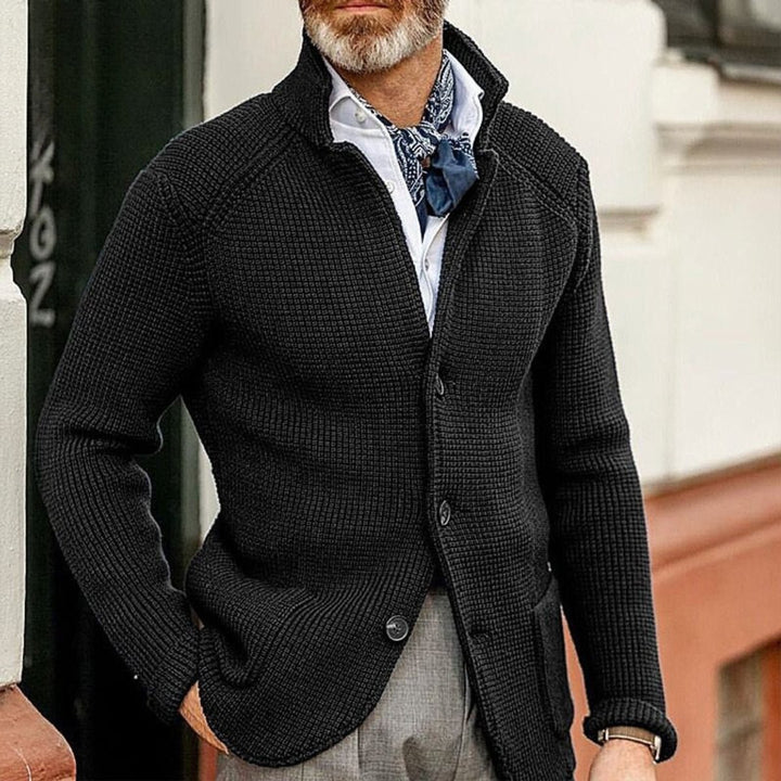 Herren Mens Cardigan Strickjacke mit Knopfleiste Waffelstrick - Schwarz