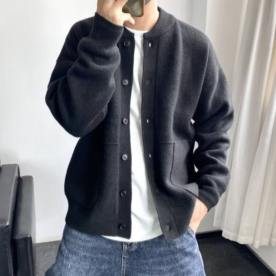 Herren Mens Cardigan Strickjacke Rundhals Knopfleiste Oversized - Schwarz