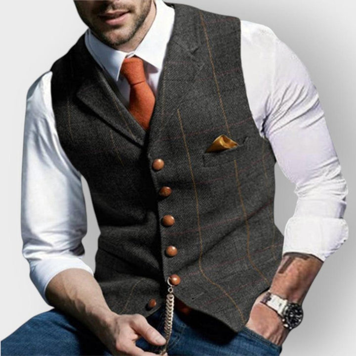 Herren Mens Gilet elegante Tweed-Weste mit Knopfleiste - Dunkelgrau
